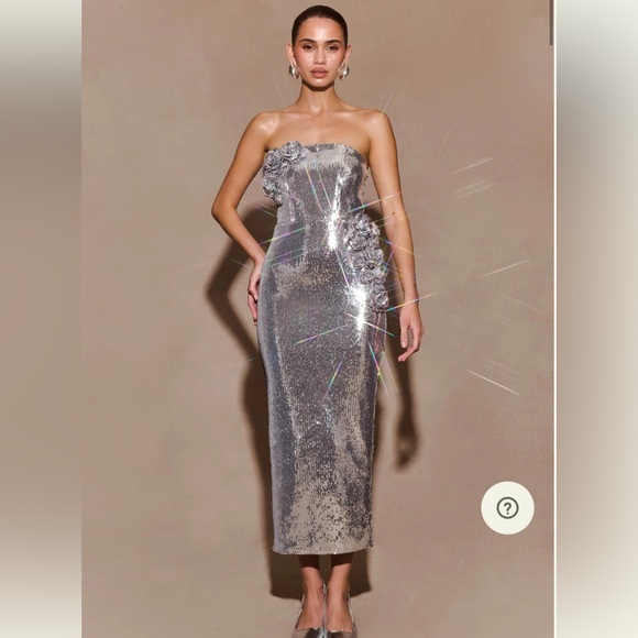 Meshki Dresses & Skirts - Meshki Silver Sequin Strapless Midi Dress